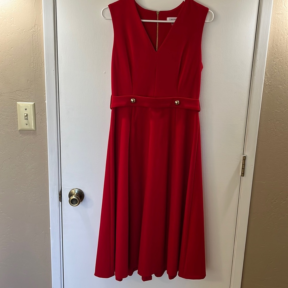 Calvin Klein Red Midi Dress with Decorative Waist Buttons